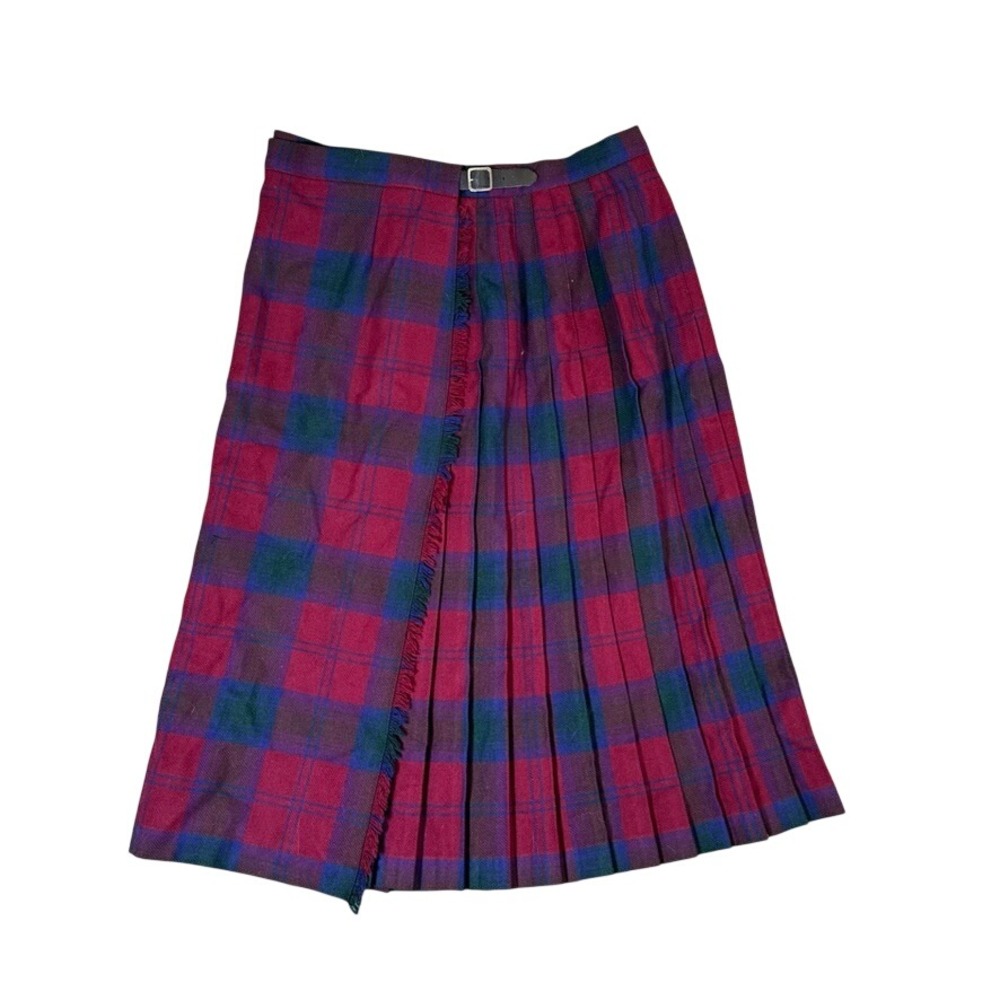 Pitlochry Scotland Plaid Wool Kilt Skirt Burgundy Purple Pleated Vintage Size 20